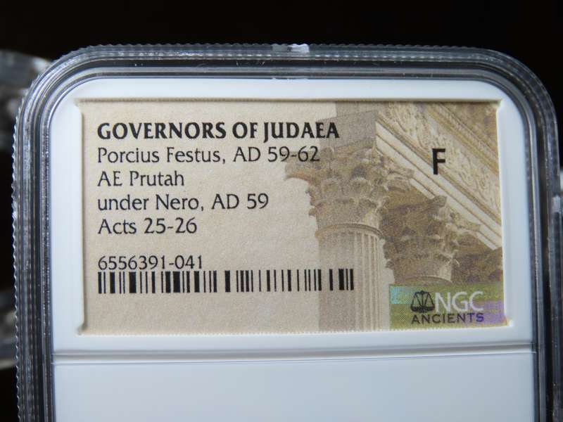 Ancient Judaea Prutah Coin, 59 - 62 AD, NGC F Governor Porcius Festus Under Nero Coins of the Bible