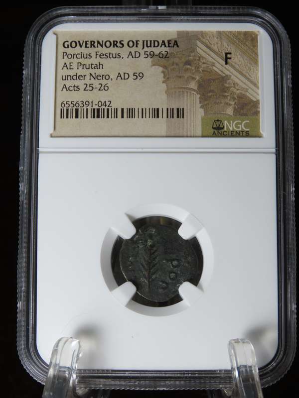 Ancient Judaea Prutah Coin, 59 AD, NGC F Governor Porcius Festus Under Nero Coins of the Bible