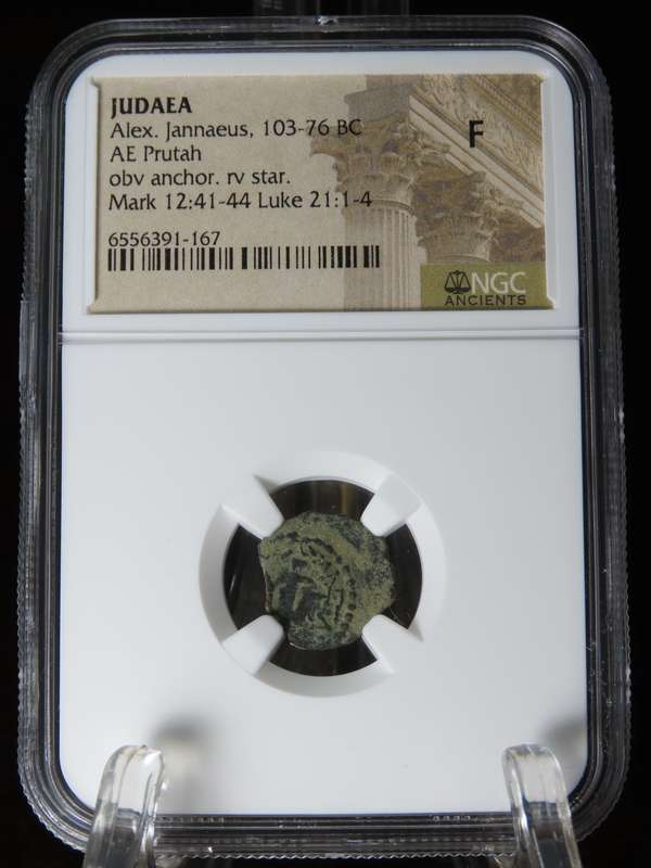 Ancient Judaea Prutah Coin, 103 - 76 BC, NGC F Hasmonian Kings, Widow's Mite Coins of the Bible