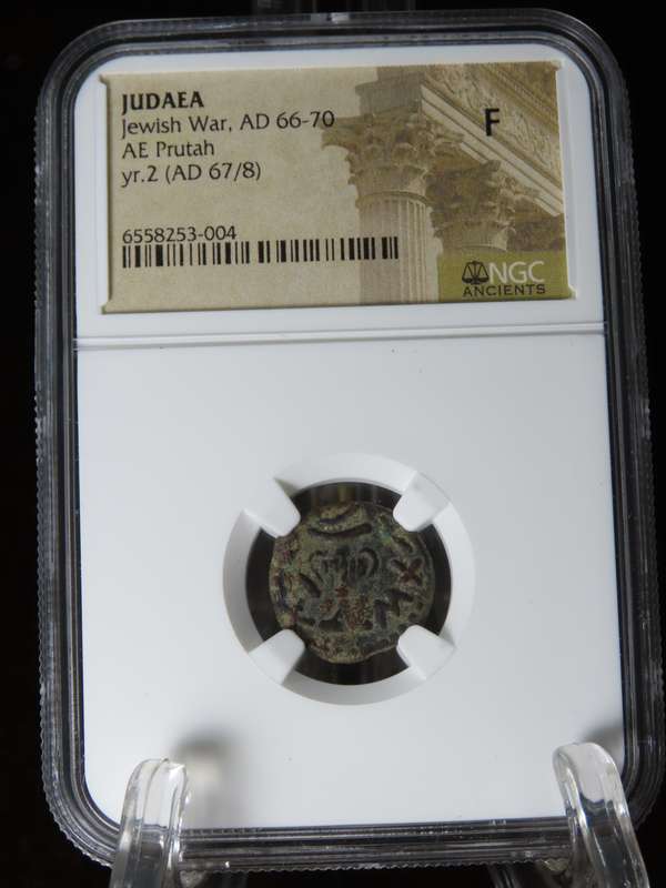 Ancient Judaea Prutah Coin, 66 to 70 AD NGC F, 1st Jewish Revolt