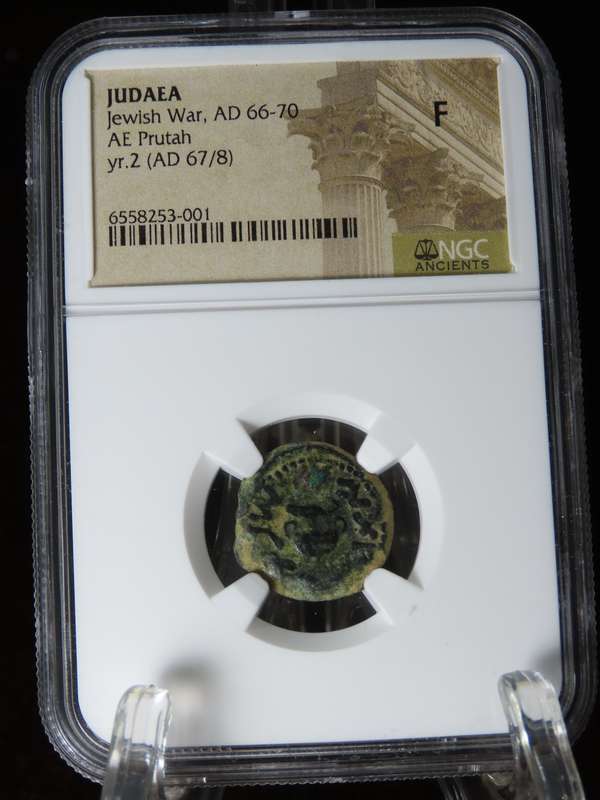 Ancient Judaea Prutah Coin, 66 to 70 AD NGC F, 1st Jewish Revolt