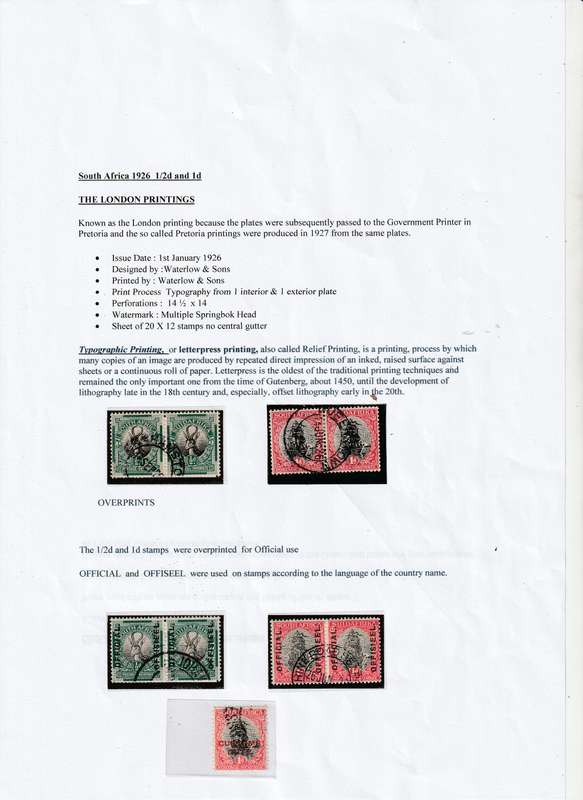 Study of  1926  Union of South Africa "LONDON PRINTING"  including !st January First Day Cover