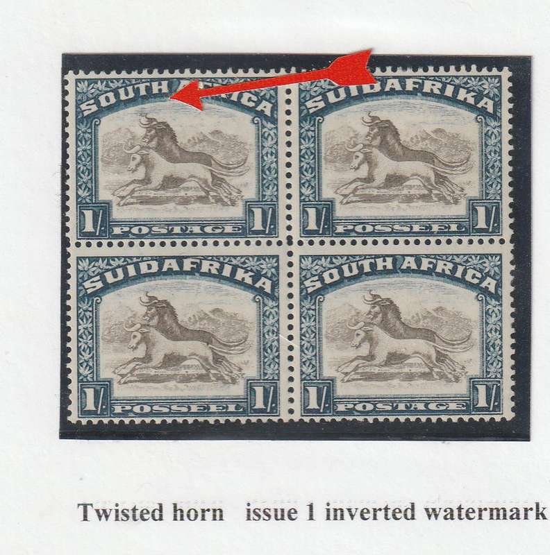 1930-45 South Africa  PRETORIA ROTO  1/-  BLK 4 WITH "TWISTED HORN " VARIETY MHH