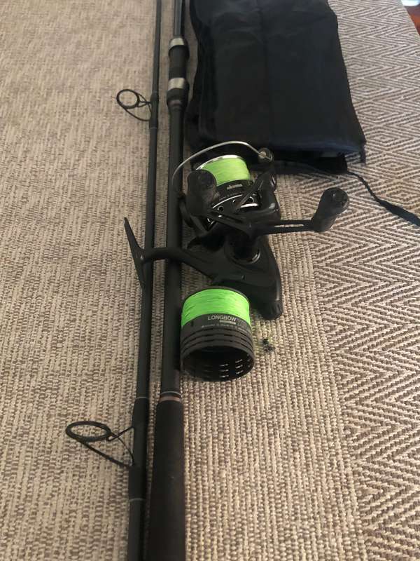 Okuma longbow reel +10 ft carbon Ibird rod +350m braid+ Sleeve +Spare reel spool