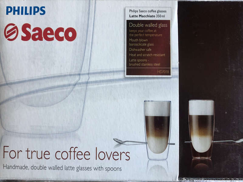 Saeco Gift pack, two Macchiato Glass mugs + 2 stainless-steel spoons