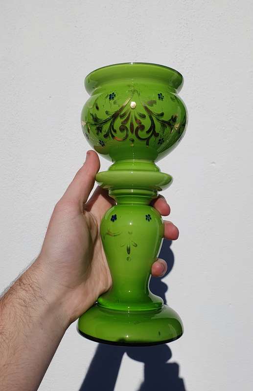 Vintage Lime Green Glass Vase with Gold Paint Detailing