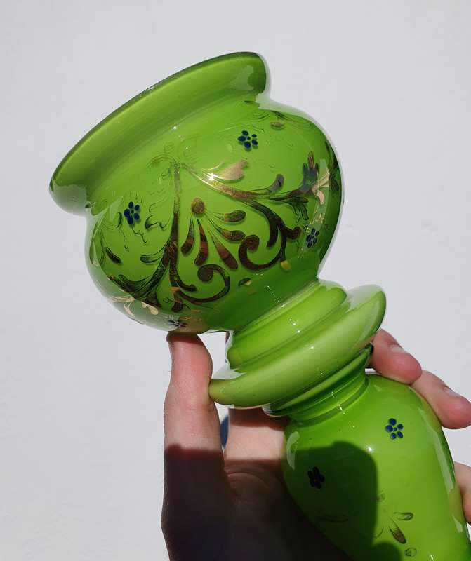 Vintage Lime Green Glass Vase with Gold Paint Detailing