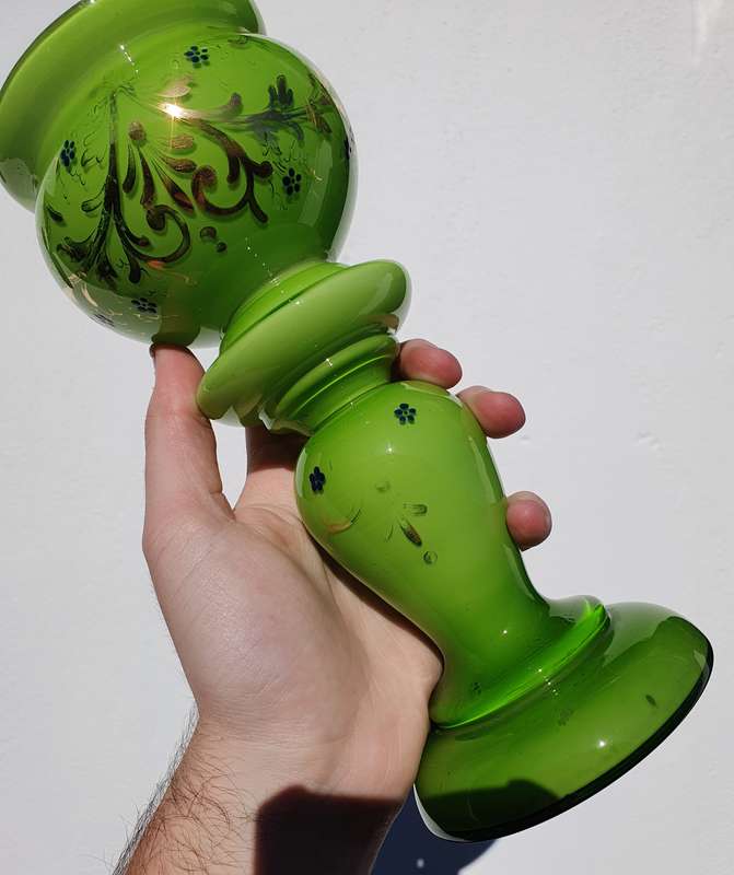Vintage Lime Green Glass Vase with Gold Paint Detailing