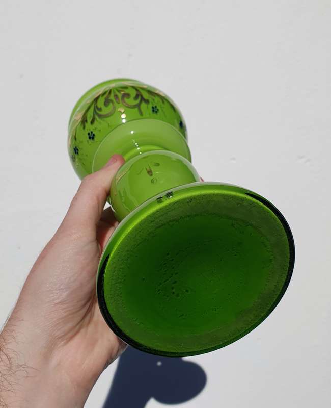Vintage Lime Green Glass Vase with Gold Paint Detailing