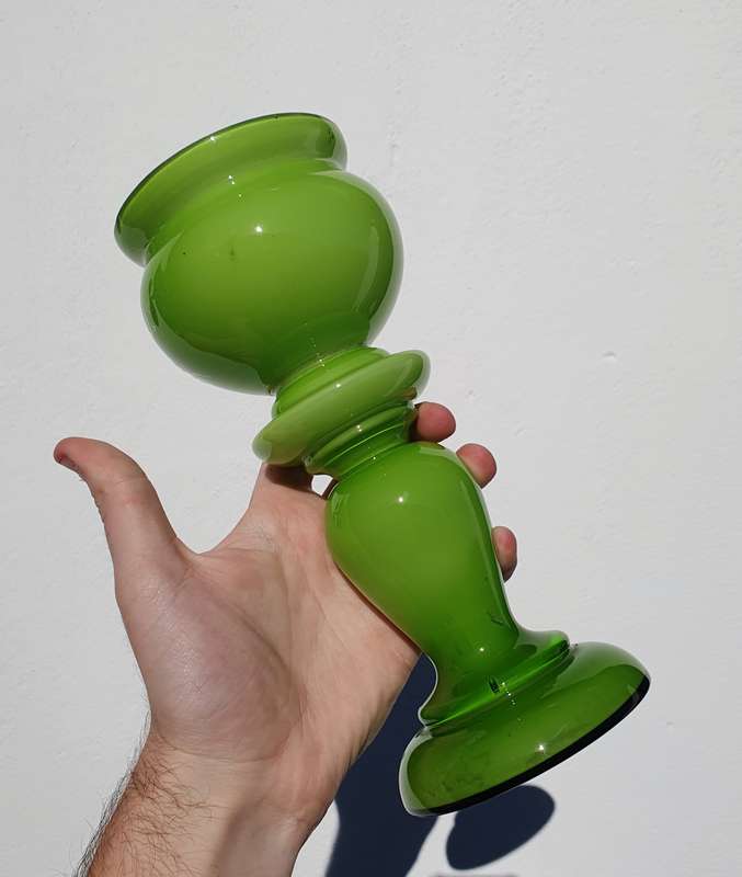 Vintage Lime Green Glass Vase with Gold Paint Detailing