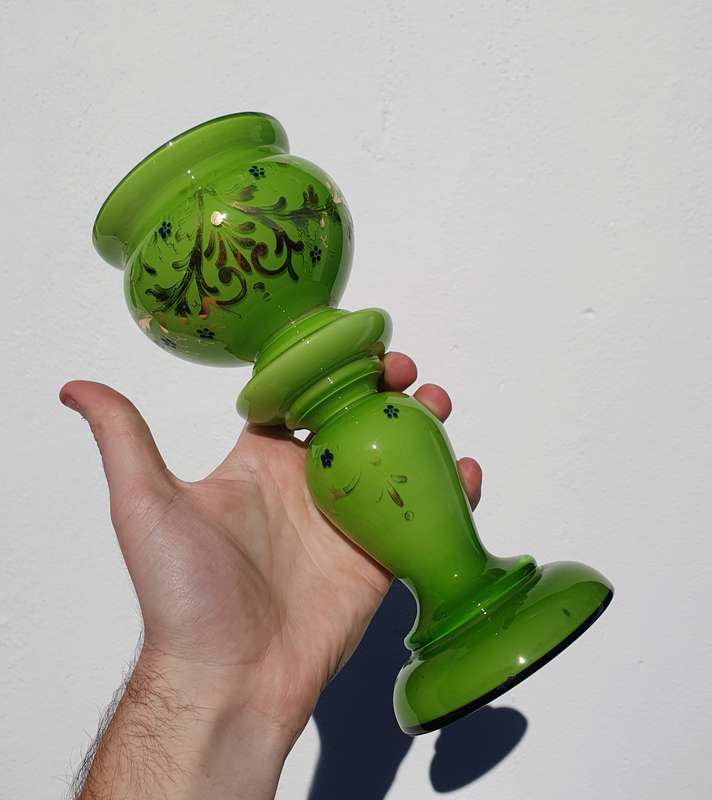 Vintage Lime Green Glass Vase with Gold Paint Detailing
