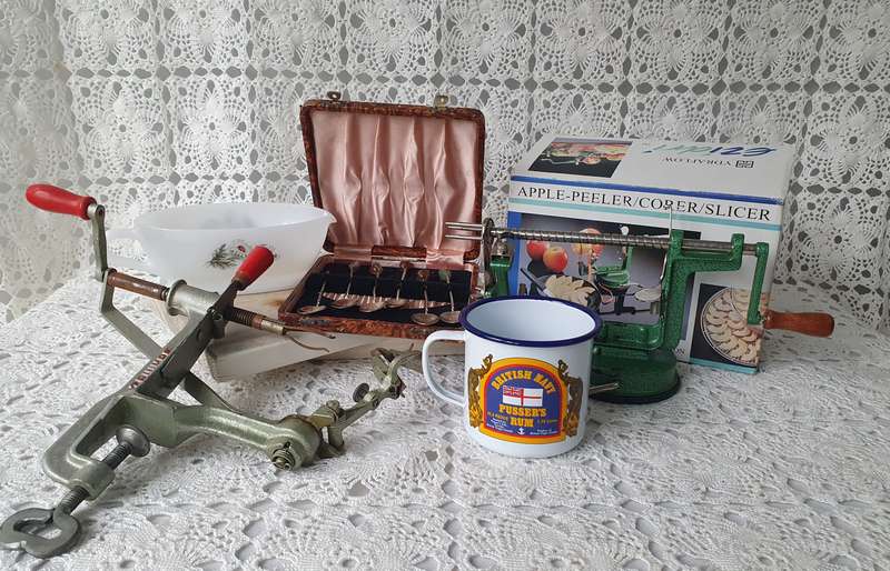 Vintage Kitchenware Bundle, 2 Apple Corers, Milk Glass Jug, Enamel Cup, Silverplated Gemstone Teaspo