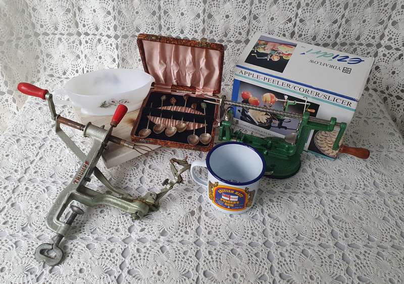 Vintage Kitchenware Bundle, 2 Apple Corers, Milk Glass Jug, Enamel Cup, Silverplated Gemstone Teaspo
