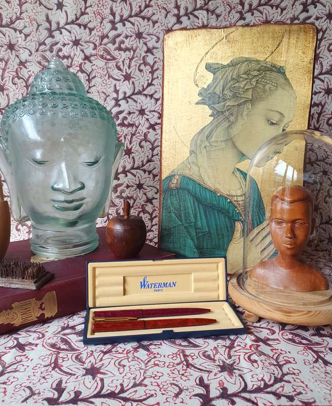 Vintage Waterman Maroon & Amber Marble Gold Pens in Box (Personalized) Paris Made