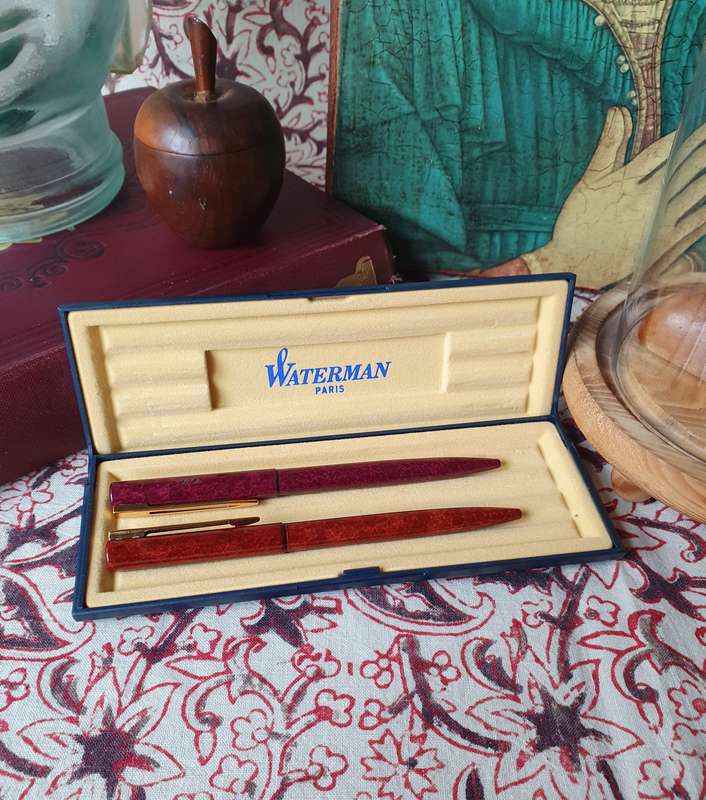 Vintage Waterman Maroon & Amber Marble Gold Pens in Box (Personalized) Paris Made