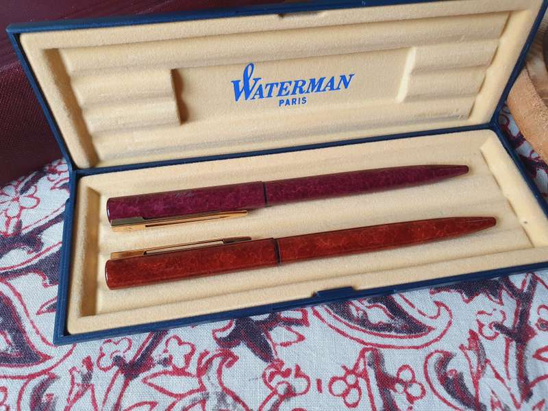 Vintage Waterman Maroon & Amber Marble Gold Pens in Box (Personalized) Paris Made
