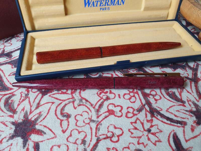 Vintage Waterman Maroon & Amber Marble Gold Pens in Box (Personalized) Paris Made