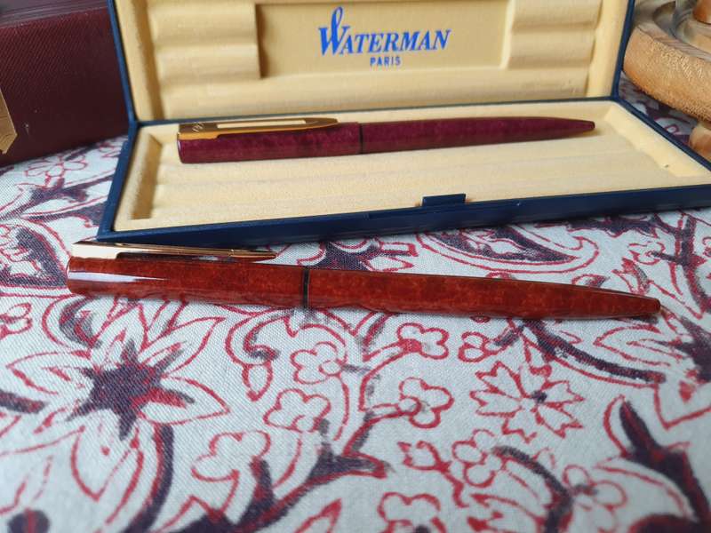 Vintage Waterman Maroon & Amber Marble Gold Pens in Box (Personalized) Paris Made