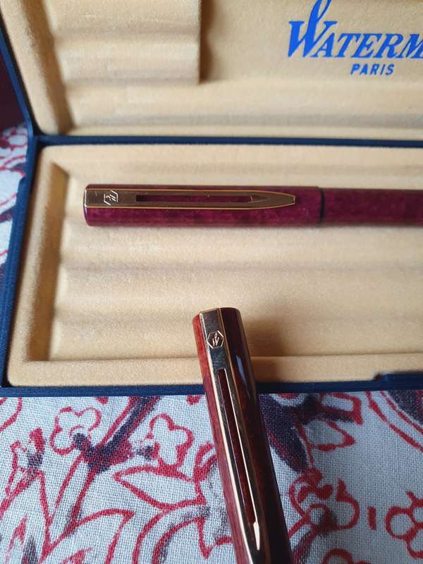 Vintage Waterman Maroon & Amber Marble Gold Pens in Box (Personalized) Paris Made