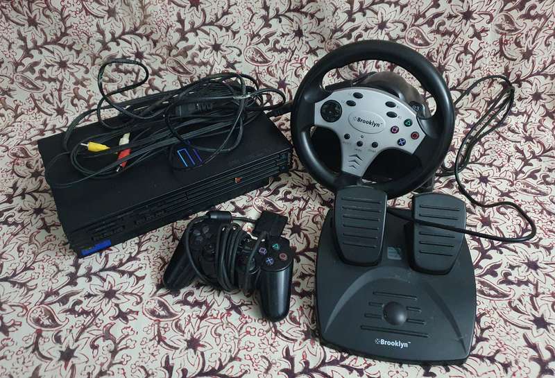 PS2 Console with Controller, Racing Streering Wheel & Peddles