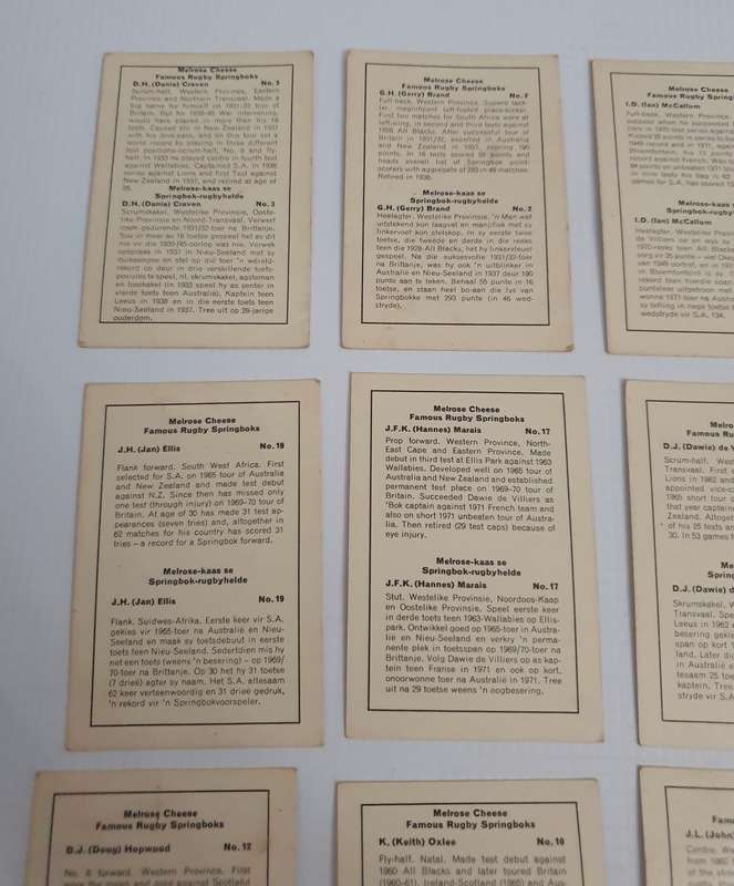 Vintage Melrose Cheese Famous Rugby Player Springbok Cards 13x