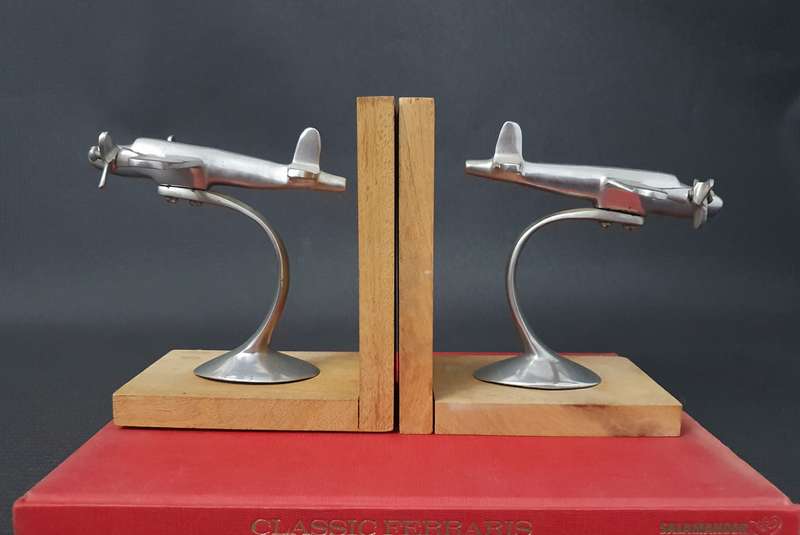 Vintage Art Deco Styled Airplane Metal & Wooden Bookends
