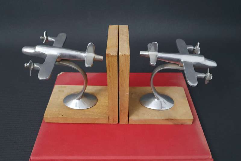 Vintage Art Deco Styled Airplane Metal & Wooden Bookends