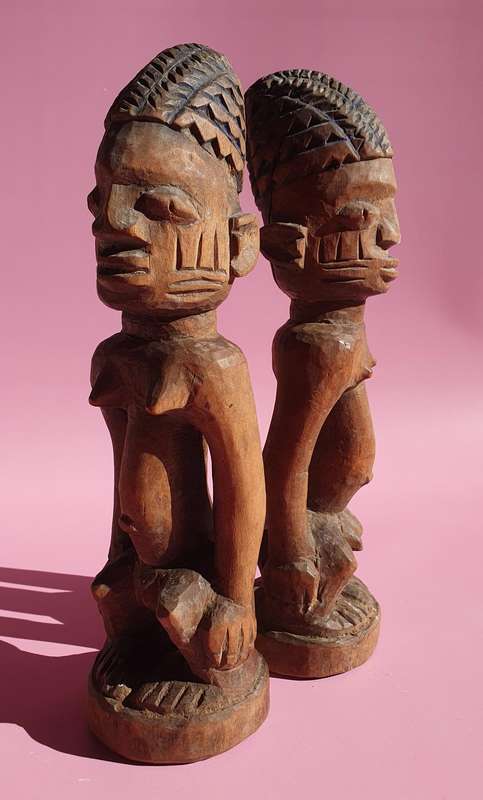 Vintage Tribal Male & Female Nigerian Fertility Hand Carved Sculptures