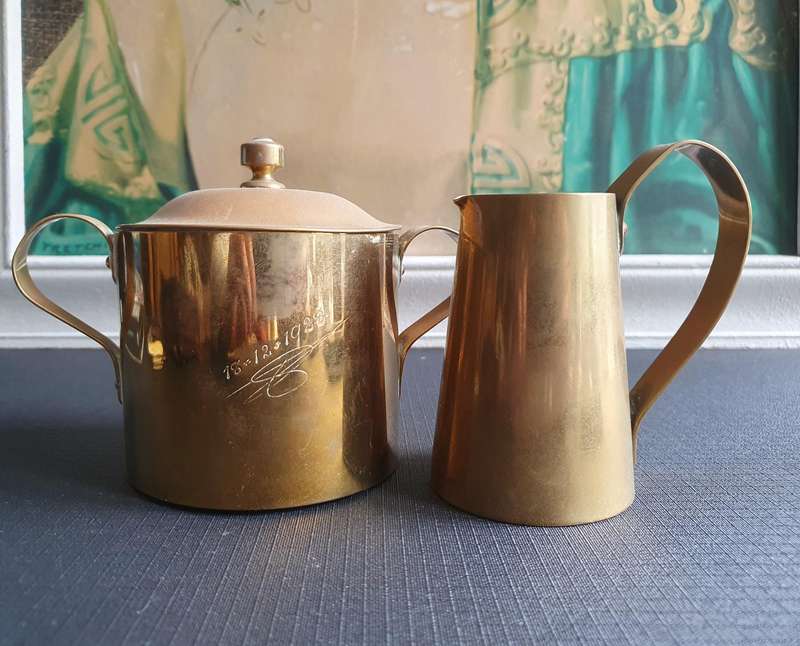 Vintage Stainless Steel Coated Brass Sugar Bowl & Milk Jug from 18/12/1928