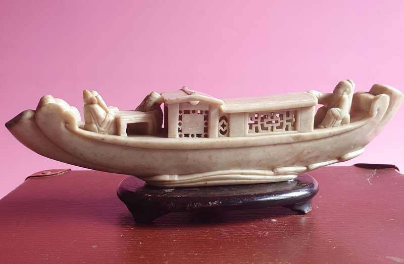 Vintage Chinese Soapstone Carved Emperor Sailing Boat on Wooden Stand