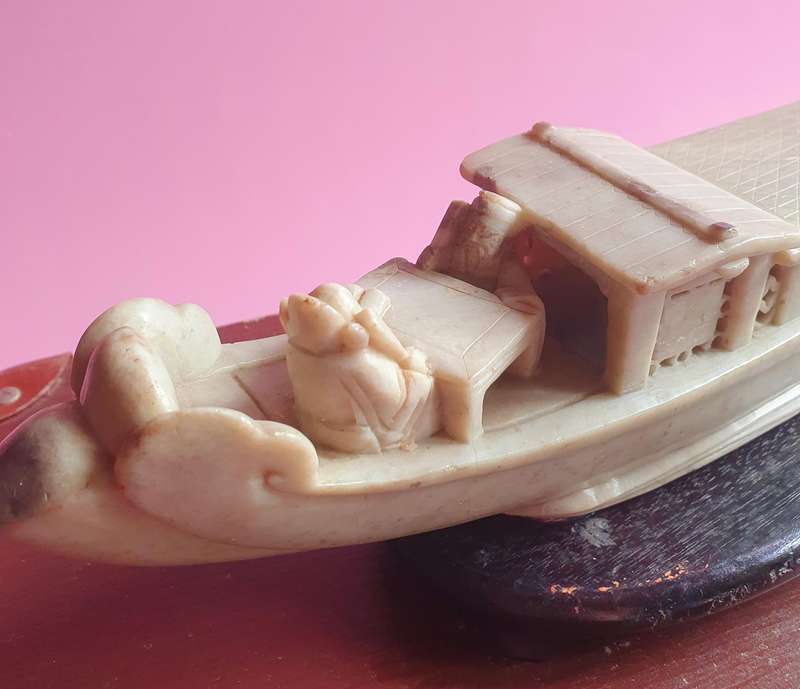 Vintage Chinese Soapstone Carved Emperor Sailing Boat on Wooden Stand