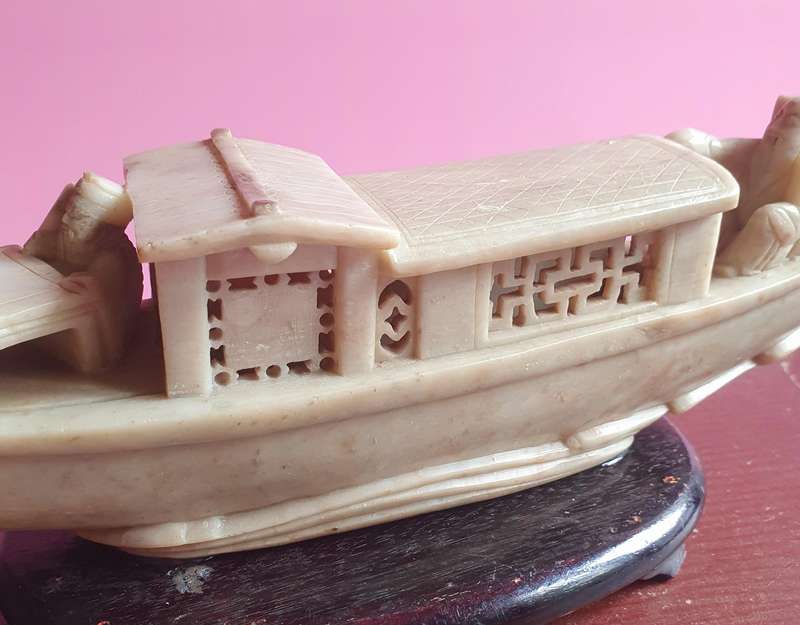 Vintage Chinese Soapstone Carved Emperor Sailing Boat on Wooden Stand