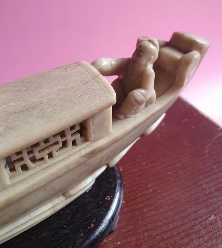 Vintage Chinese Soapstone Carved Emperor Sailing Boat on Wooden Stand