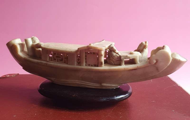 Vintage Chinese Soapstone Carved Emperor Sailing Boat on Wooden Stand