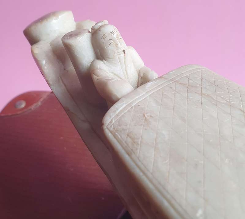 Vintage Chinese Soapstone Carved Emperor Sailing Boat on Wooden Stand