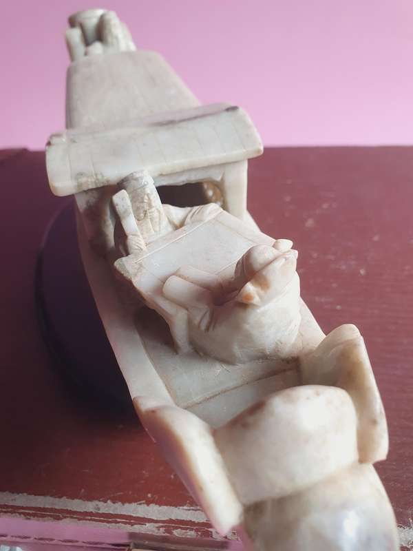 Vintage Chinese Soapstone Carved Emperor Sailing Boat on Wooden Stand