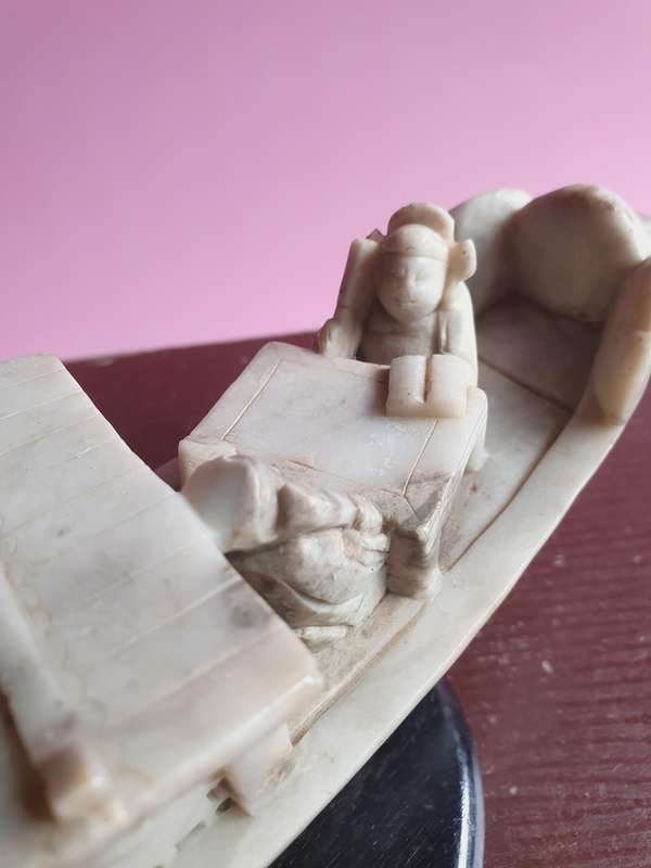 Vintage Chinese Soapstone Carved Emperor Sailing Boat on Wooden Stand