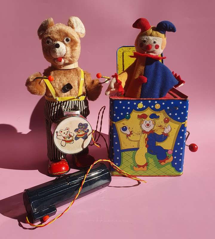 Vintage Metal & Fluff Teddy Bear & Jack in the Box