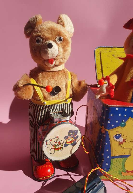Vintage Metal & Fluff Teddy Bear & Jack in the Box
