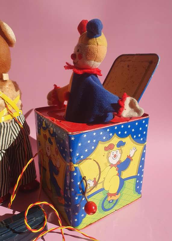 Vintage Metal & Fluff Teddy Bear & Jack in the Box
