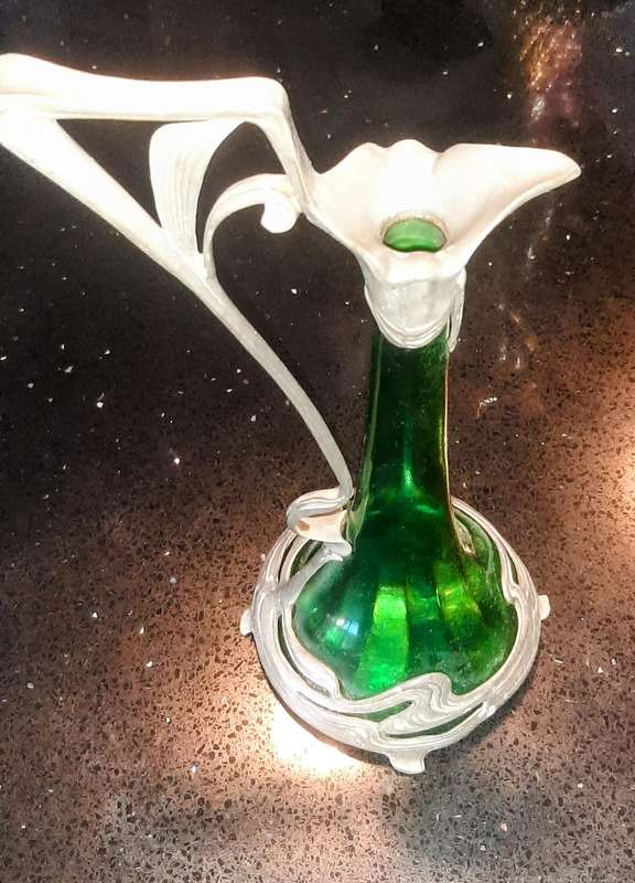 WMF antique art nouveau decanter 1905 pewter and green glass.