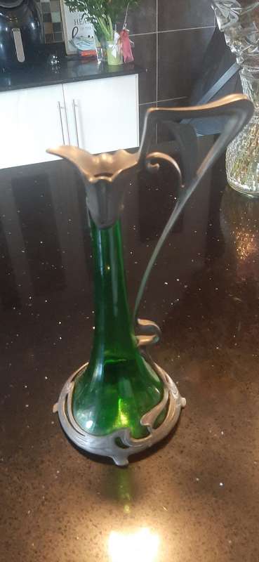 WMF antique art nouveau decanter 1905 pewter and green glass.