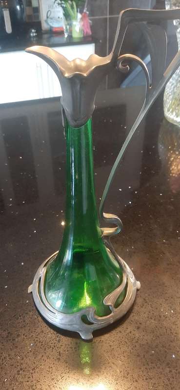 WMF antique art nouveau decanter 1905 pewter and green glass.
