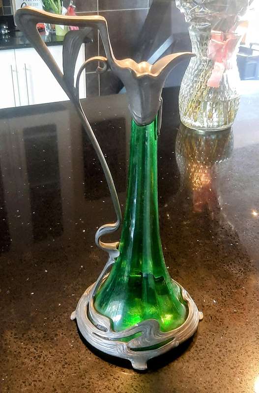 WMF antique art nouveau decanter 1905 pewter and green glass.