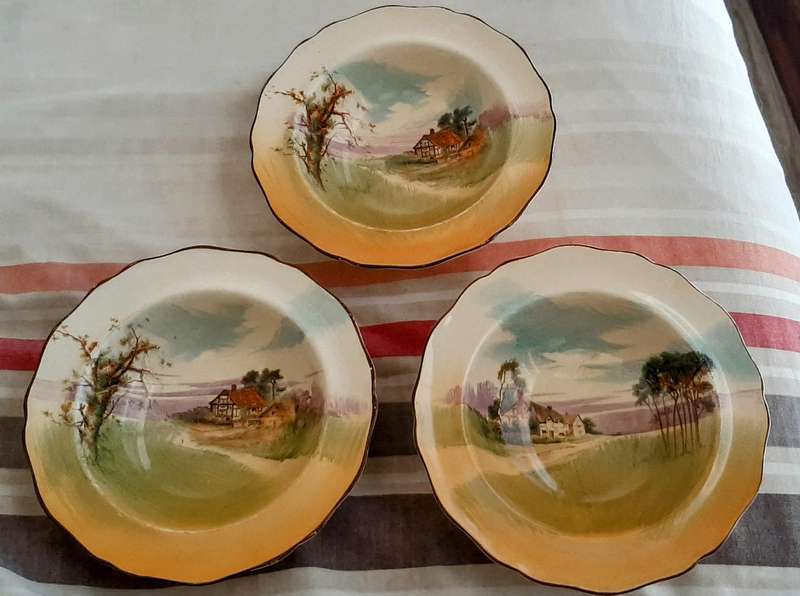 Royal Doulton plates.Ausie gumtree and English cottage series.Sam Weller Dickens bowl.All one price.