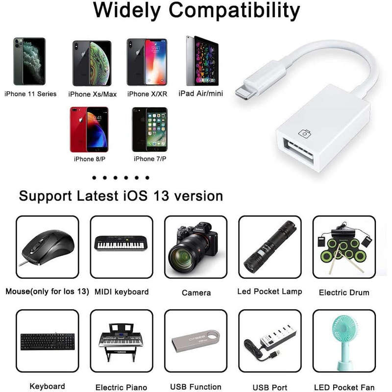 Lightning to USB Camera Adapter for iPhone/iPad, Female USB 3.0 OTG Cable