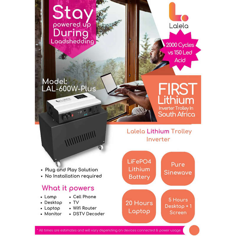 Lalela Lithium Inverter Trolley UPS - 1KVA (600W) 1024Wh 80aH LiFePO4 Battery Included