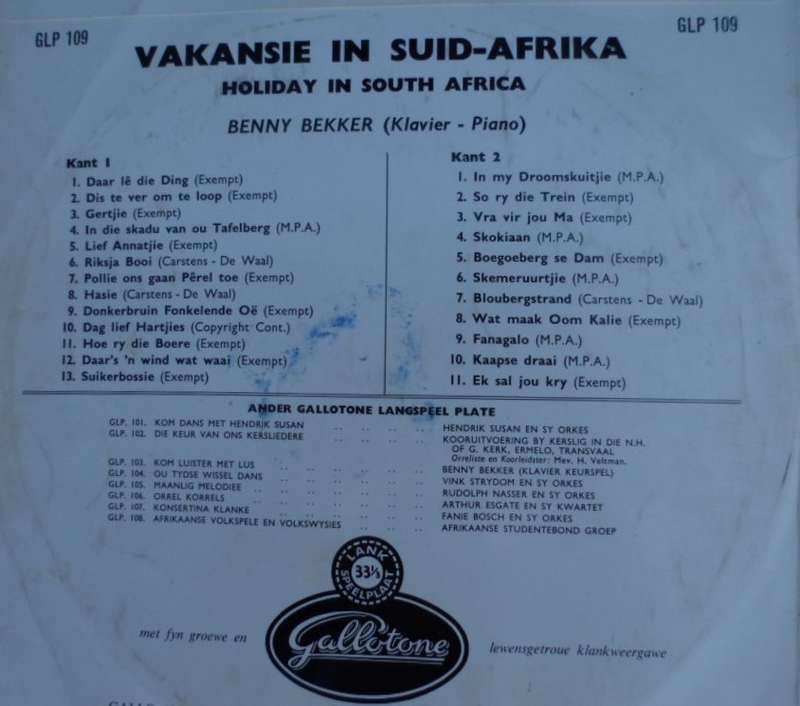 Vakansie in Suid-Afrika. Vinyl LP.  10".  33 RPM. Baie Skaars!!