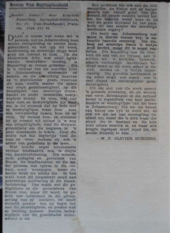 Sonder Anker - Konstant Kamerling. Springbok Biblioteek Nr 17 - 1942.