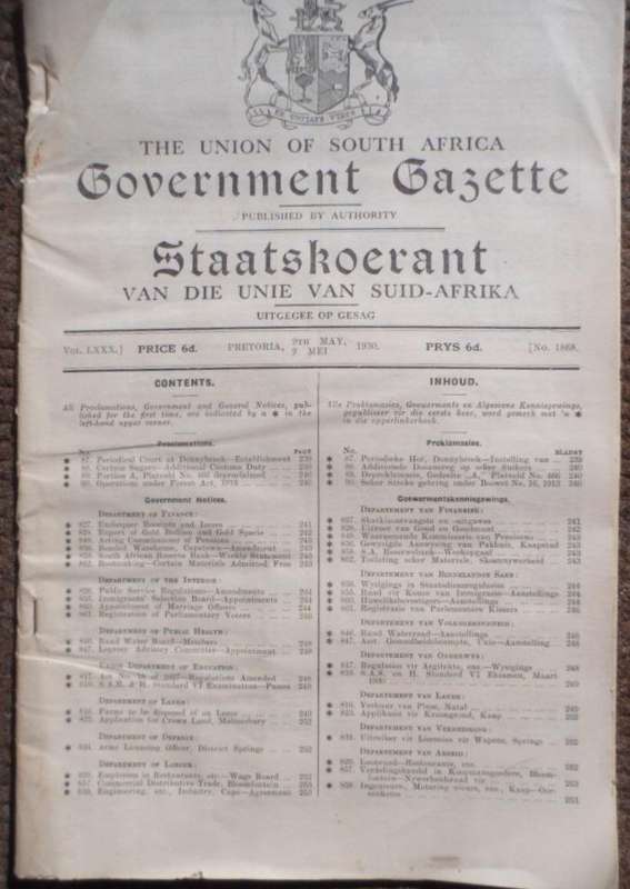 Union of South Africa Government Gazette. Staatskoerant.  9 Maart 1931.